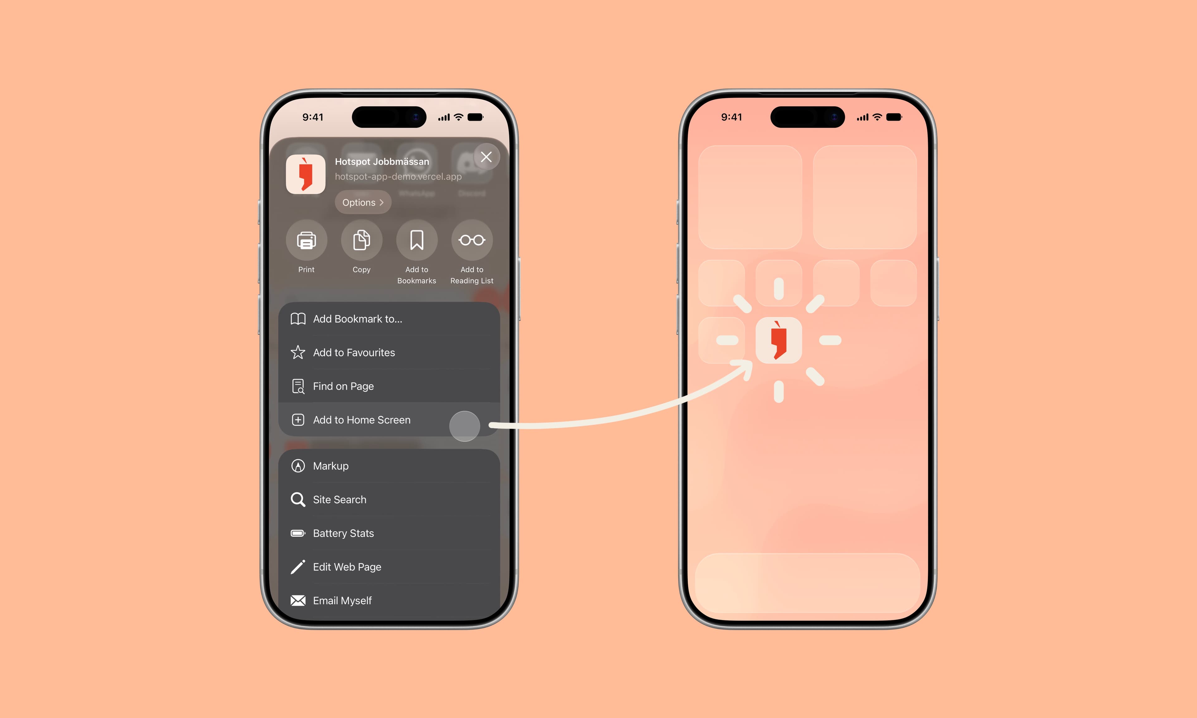 Mockup of iPhone showcasing Hotspot app PWA installation prompt